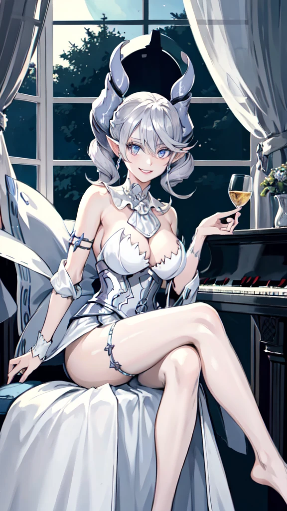 Beautiful arts wallpaper moonlight Outside castle top  High level image quality　best image quality　8K　 adult woman   silver castle hall  more colors   whole body view　portrait　 wearing pure white Goddess dress  　horn    ears  　short hair（（shortcut）（gray hair）（perm）（fluffy））　eye color is blue ,   evil face , face detailed , face fixed , smile      ,  labrynth       , barefoot , teasing with her breast,   , sitting with crossed legs on piano , looking at the windows , stovie , crystal chandaglier , white curtains 