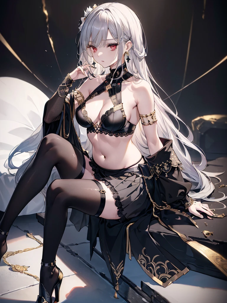 8k,High resolution RAW color art, Anime Art,Silver Marble Skin, (((Very detailed and cool))), Detailed skin, texture,(Exquisitely crafted, The finer details, Ultra-detailed art), (1 Girl), Depth of written boundary, Silky Touch, Hyper Detail, (((Cool face))), eye shadow、Armed women, Beautiful detailed red eyes, Beautiful lip detail, Highly detailed face, Delicate depiction of hair and eyes, Detailed Fashion, Golden Earrings, Slightly larger breasts,Full body depiction, Black off-shoulder、(((Bare back)))、((((Black below-the-knee skirt)))、(((black tights)))、Golden decoration, Gray Hair, Golden bracelet, Straight Hair、(((Hair)))、ice華、moonlight、Less skin area、(((Mature)))、Calm background、(((Black theme)))、ice、(((Cold)))、Side view、(((A little bit of belly button)))