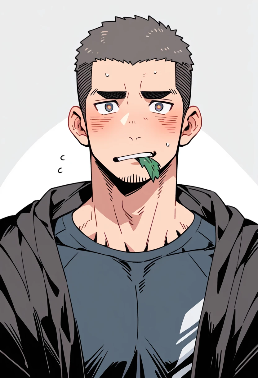 anime characters:Priapus, Muscle Sports Student, Buzz Cut, Manliness, male focus, Sports tight hooded sweatshirt, Very tight, full and perky chest muscles, muscular male, muscular, only, Upper body, alone, Black short hair, Thick eyebrows, stubble, Brown-red pupils, White background, simple background, amazing quality, best aesthetics, Ridiculous, crew cut, blush, Biting a pair of white panties, embarrassed, shy, endured face, negative space, best quality