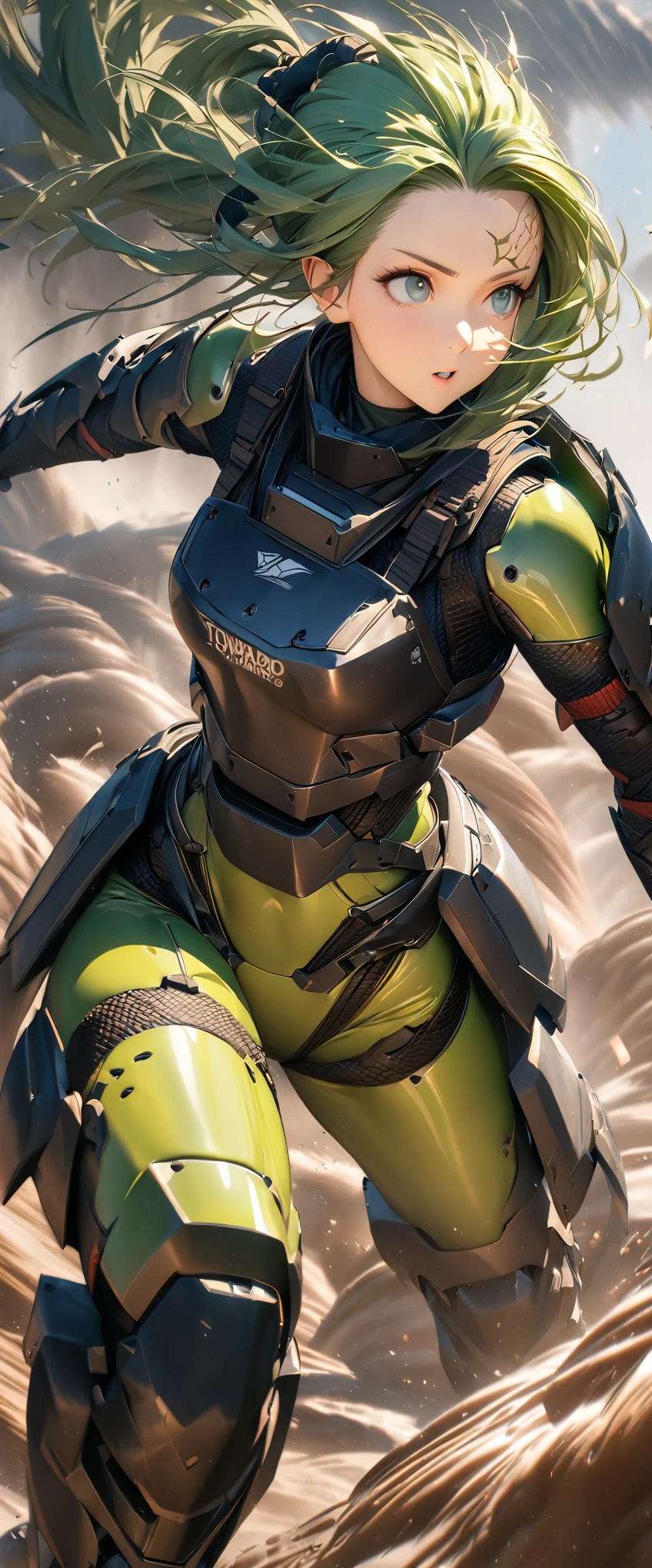 (masterpiece),(Highest quality),(High resolution),(Very detailed),8k,wallpaper,(Armored Core Style),Woman in ninja robot armor,(Tactical Forehead Protector),Random Hairstyles,(Wind Ninja),(Light green body),(Detailed face),((Cowboy Shot)),(The background is a tornado:1.3),Hair blowing in the wind,(dynamic),(Jump high into the sky),(action shot)