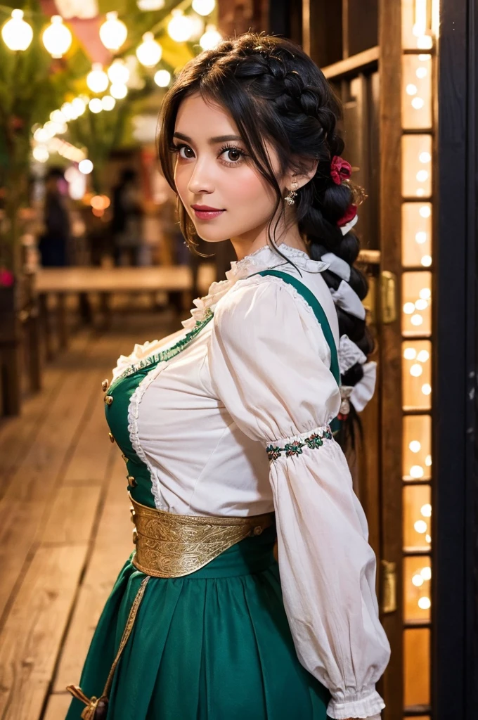 A stunning Oktoberfest maiden, donning a traditional Dirndl, her raven locks gathered into beautiful braids that cascade down her back, stands confidently in front of the rustic wooden background of a festive beer garden. The warm glow of lanterns and string lights reflects off her proportional features, highlighting the joy and warmth in her piercing eyes, adorned with intricate eyelashes. She poses head and shoulders forward, inviting us to join in the merriment. A modern Latin woman stands at a floor-to-ceiling window, her anxious expression reflected in the glass as she gazes out into the night.