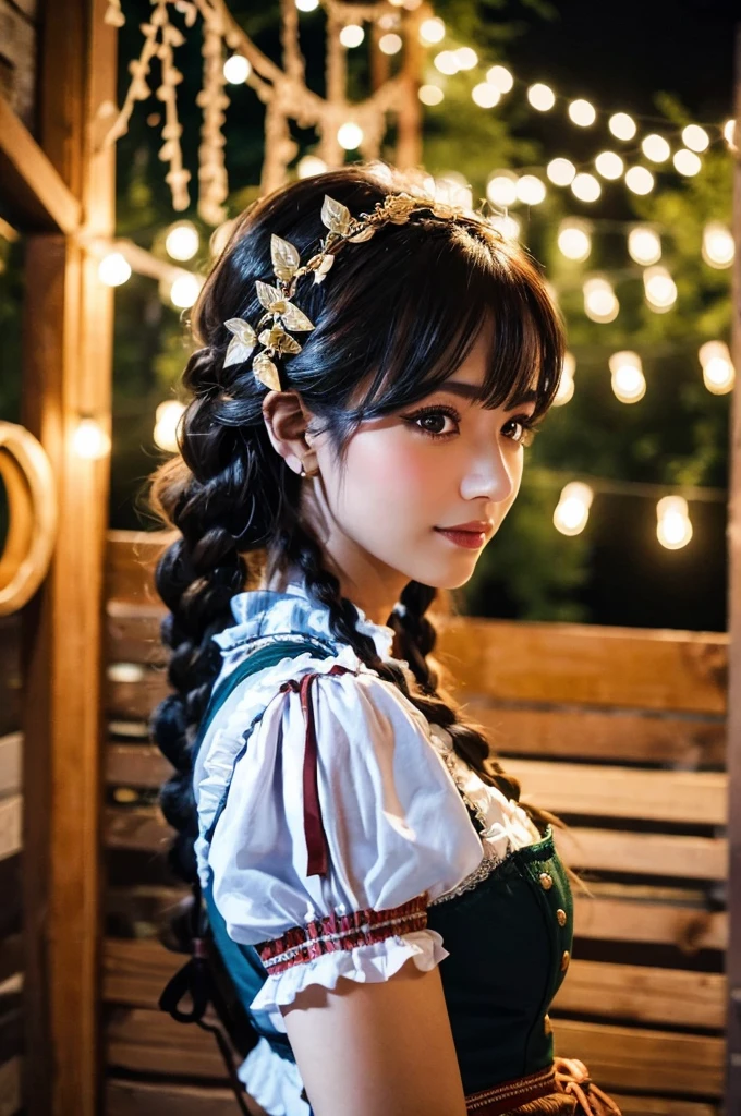 A stunning Oktoberfest maiden, donning a traditional Dirndl, her raven locks gathered into beautiful braids that cascade down her back, stands confidently in front of the rustic wooden background of a festive beer garden. The warm glow of lanterns and string lights reflects off her proportional features, highlighting the joy and warmth in her piercing eyes, adorned with intricate eyelashes. She poses head and shoulders forward, inviting us to join in the merriment. A modern Latin woman stands at a floor-to-ceiling window, her anxious expression reflected in the glass as she gazes out into the night.