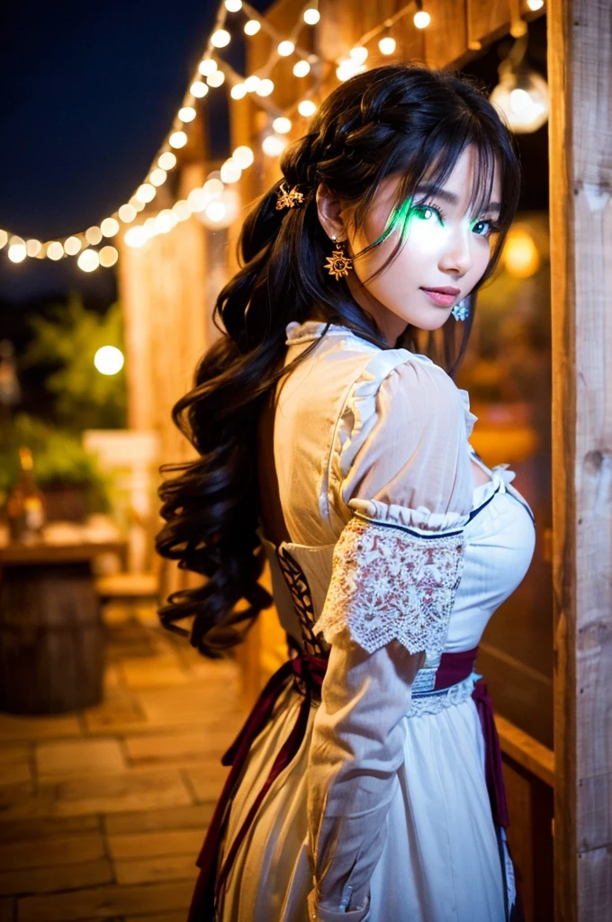 A stunning Oktoberfest maiden, donning a traditional Dirndl, her raven locks gathered into beautiful braids that cascade down her back, stands confidently in front of the rustic wooden background of a festive beer garden. The warm glow of lanterns and string lights reflects off her proportional features, highlighting the joy and warmth in her piercing eyes, adorned with intricate eyelashes. She poses head and shoulders forward, inviting us to join in the merriment. A modern Latin woman stands at a floor-to-ceiling window, her anxious expression reflected in the glass as she gazes out into the night.