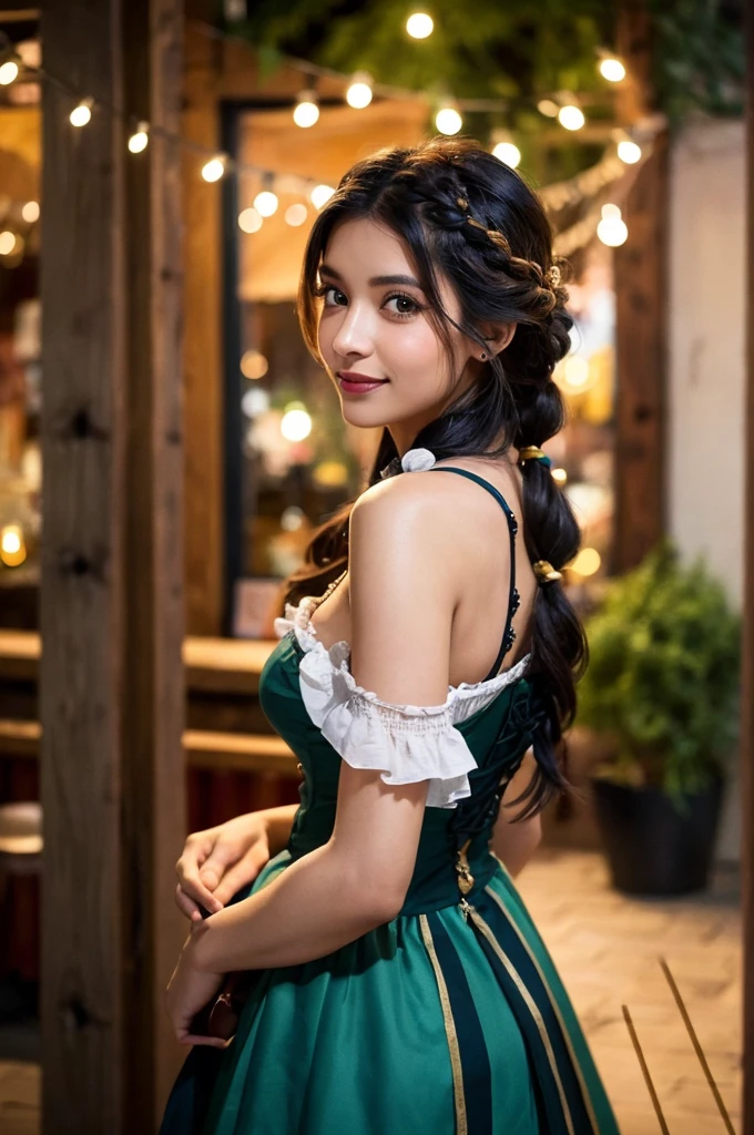 A stunning Oktoberfest maiden, donning a traditional Dirndl, her raven locks gathered into beautiful braids that cascade down her back, stands confidently in front of the rustic wooden background of a festive beer garden. The warm glow of lanterns and string lights reflects off her proportional features, highlighting the joy and warmth in her piercing eyes, adorned with intricate eyelashes. She poses head and shoulders forward, inviting us to join in the merriment. A modern Latin woman stands at a floor-to-ceiling window, her anxious expression reflected in the glass as she gazes out into the night.