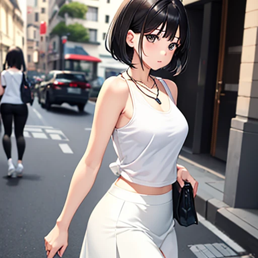 32歳の女の子, White skin, Short black hair with grey highlights, Cartier Necklaces, Moderate , Big Ass, Walking down the street. He has an innocent face. She is wearing a white sleeveless T-shirt and a transparent skirt.