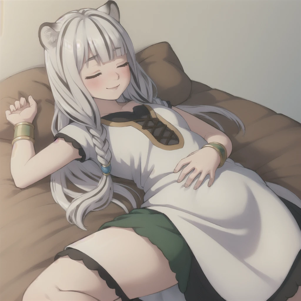 ((masterpiece)), (best quality), (ultra-detailed), photorealistic, (best illustration), ((an extremely delicate and beautiful)), 1girl, solo, long hair, tiger ears, [:tiger tail under:0.2], white hair, two-tone hair, lying on stomach, on bed, tired, white dress, (green dress:1), multicolored dress, cross-laced, closed eyes, flirty smile, black skirt, short sleeves, detailed scenery, blue sky, horizon, low twin braids, twin braids, hair ornament, bracelet, (looking at viewer:0.9), blush, tail wagging.

