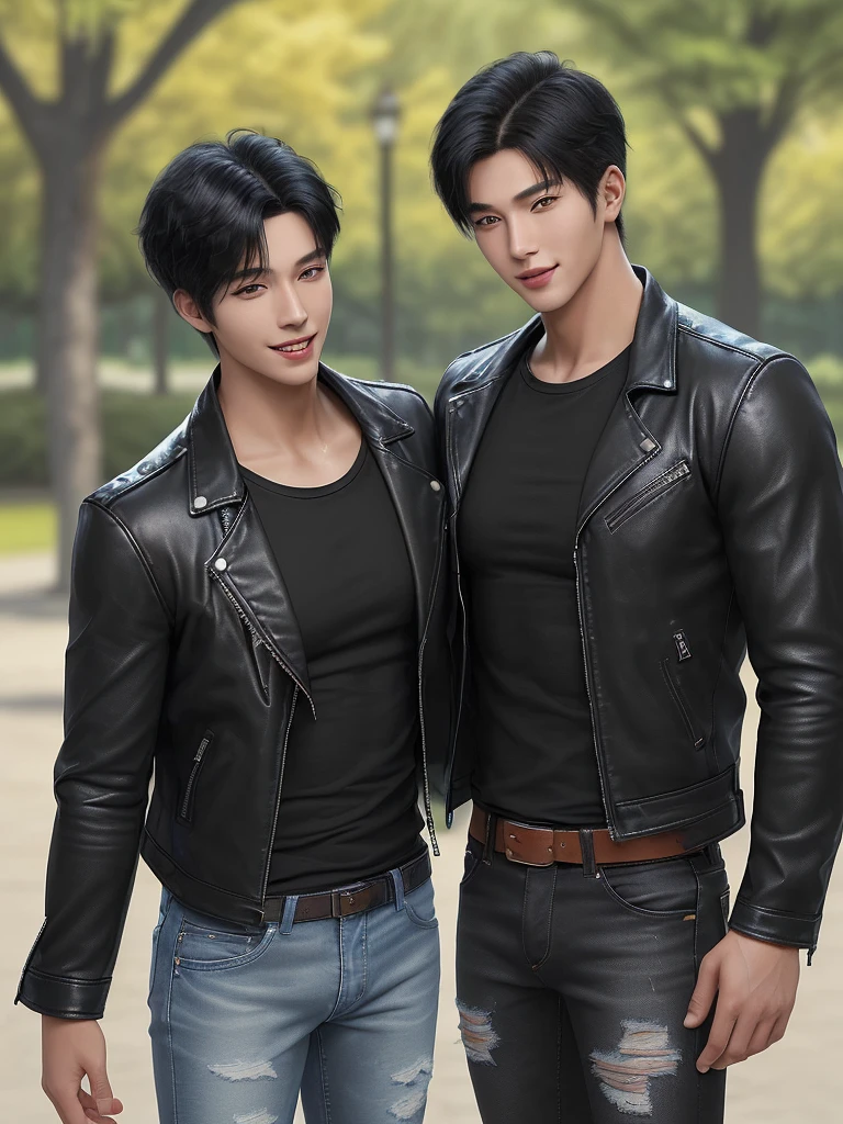 realistic digital photography art, detailed, 3d. A handsome young man with an Korean face is standing in the park, looking at himself with a different appearance.  One had straight black hair, wearing a white shirt and blue jeans;  the other had short, under-cut hair, wore a black t-shirt, leather jacket and ripped jeans.  shake hands with each other with their faces looking at the camera and smiling.