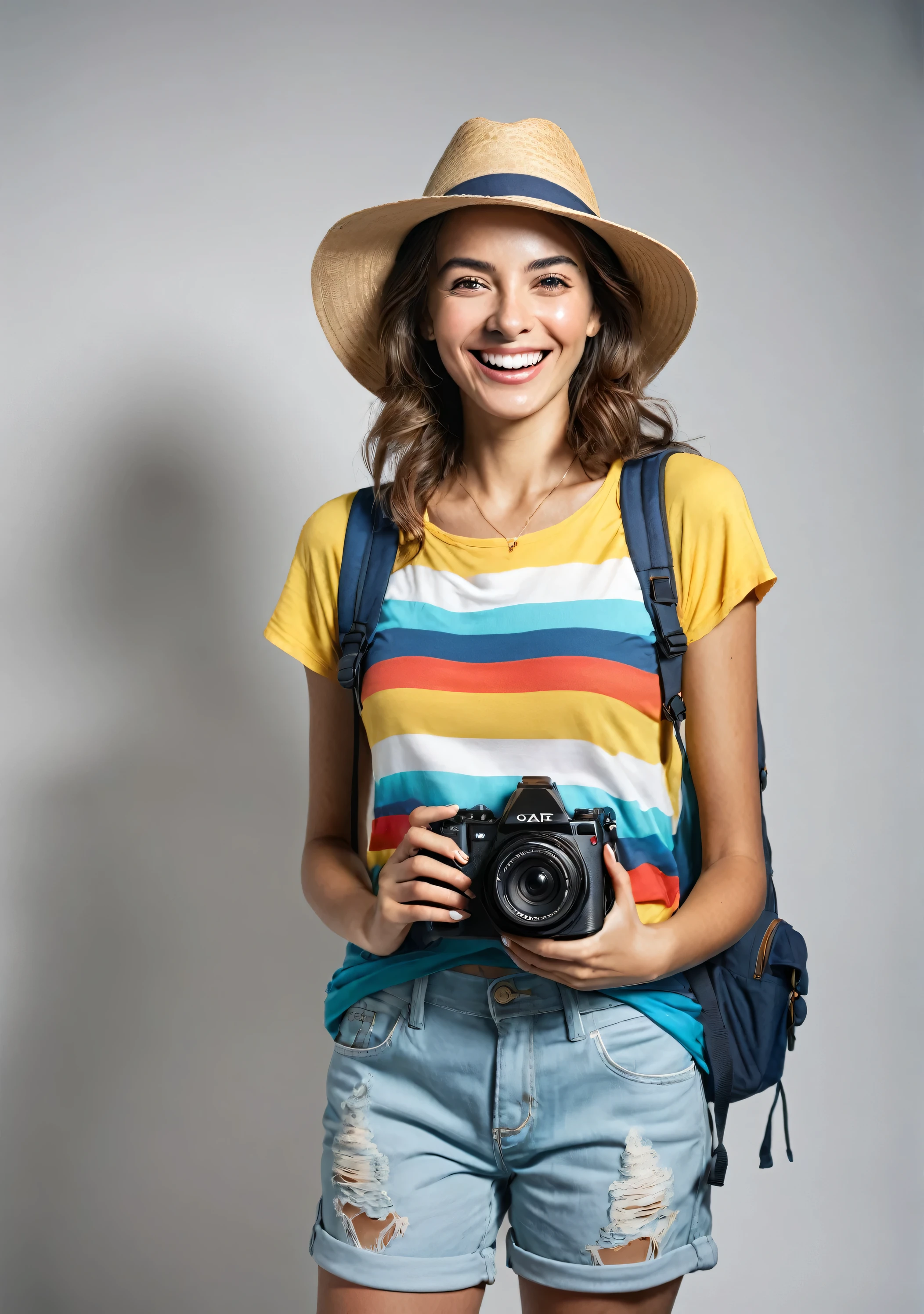 (realistic image) of a smiling female tourist, standing against a plain white background. She is dressed in casual travel attire, including a colorful blouse, comfortable pants or shorts, and a sun hat. She is holding a camera around her neck and has a backpack over one shoulder. Her expression is joyful and welcoming, with a broad smile and bright eyes. The lighting is even and natural, highlighting her features without casting harsh shadows, candid photo, torso, filmed on Agfa Vista, photograph with flash, taken on an old Polaroid camera, 8K, high detail, ultra high resolution, (realism: 1.4), original photo, realistic skin texture: 1.3, film grain: 1.3, selfie shop, expression of happiness and excitement, realistic details of clothing and accessories, cinematic lighting, best shadow, warm tone
