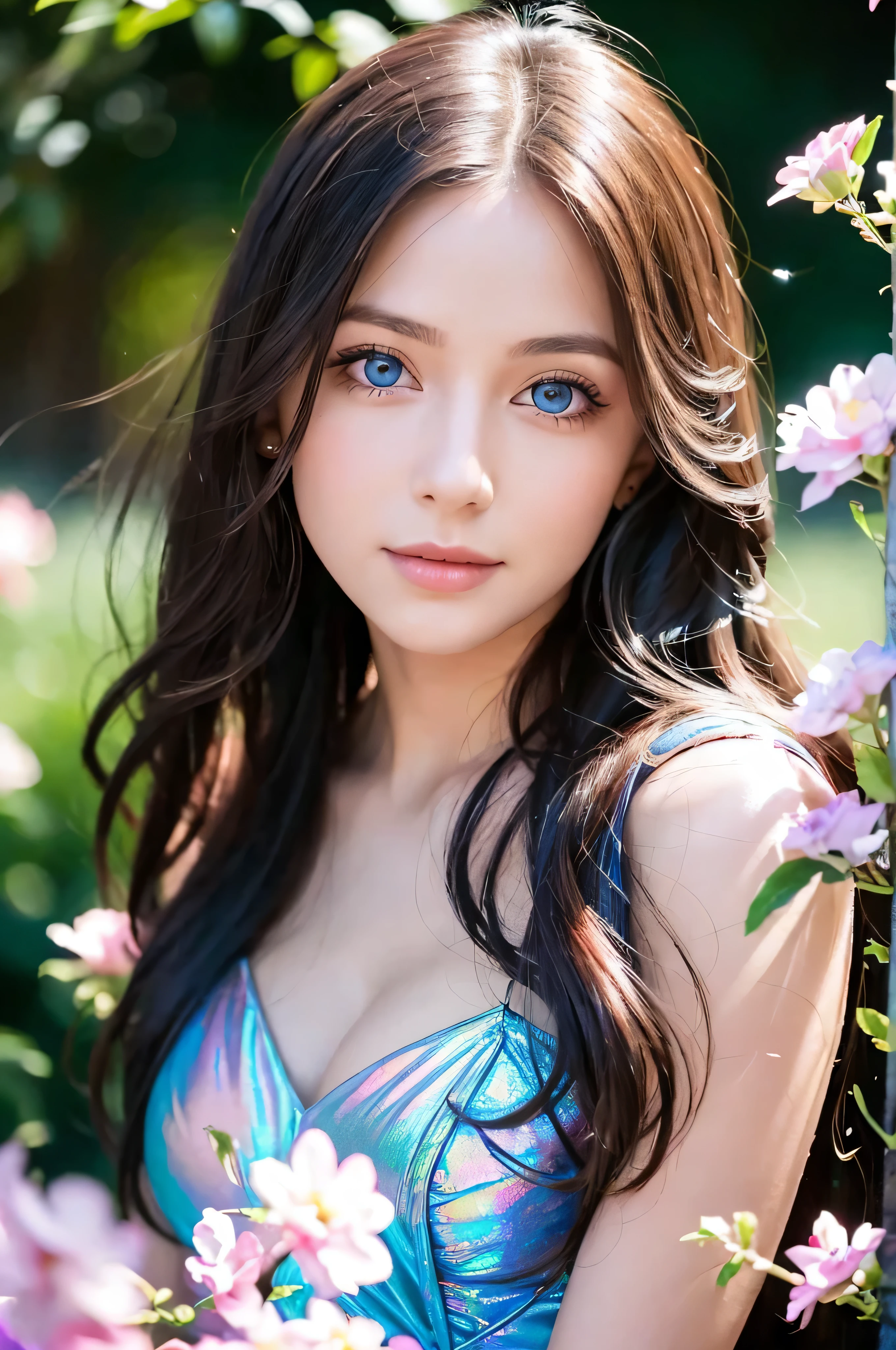 A sultry 27-year-old woman with piercing blue eyes and luscious locks gazes directly into the camera lens, her full lips slightly upturned in a mischievous grin. Close-up portrait of a young woman with vibrant, blowing hair and mesmerizing eyes, posing in mid-flight amidst a serene garden filled with blooming flowers under soft, cinematic lighting, capturing charming, cute, and beautiful expression shining like a sunset amidst a rainbowish aura ((holographic)). Her flowing dress made of ultra-detailed petals appears to dance across her figure as she takes flight, set against a lush backdrop of colorful blooms.Jasmin of Aladin, photo-realistic, cinematic,
A young person wearing a black open dress, high fashion, photo shoot, raw photond. Sie sitzt vor dem Schreibtisch und hat Handy in der Hand.