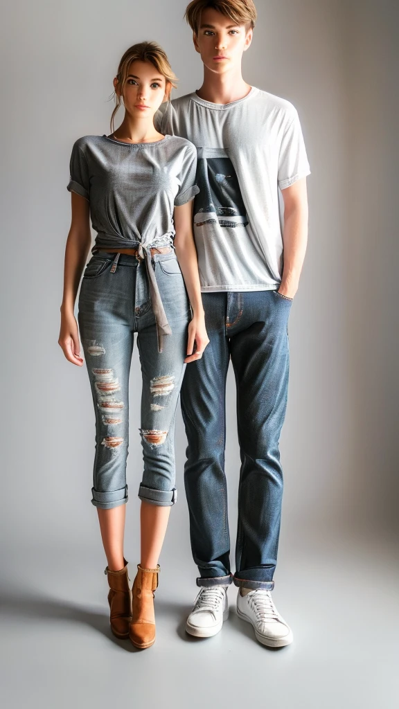 a young couple posing for a picture in front of a gray wall, wearing casual clothing, modern casual clothing, wearing jeans, casual modern clothing, wearing casual clothes, couple pose, wearing a shirt and a jean, full body pictures, lovely couple, wearing tight simple clothes, tall and slim, man and woman, casual clothing, jeans and t shirt