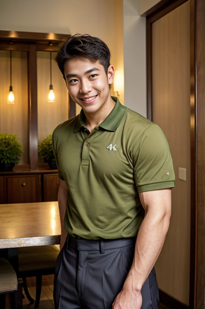 (best quality, 4K, 8k, high resolution, Masterpiece: 1.2), Special details, (realistically, As realistic as a photo, photo realistic: 1.37), Edge lighting, Extra detailed coloring, sharp focus, Physical rendering ,Extremely detailed description,professional,light color,Bokeh,Portrait,look at the viewer,
Young Asian man, 20 years old ,(wearing a brown polo shirt), smile ,dining room
