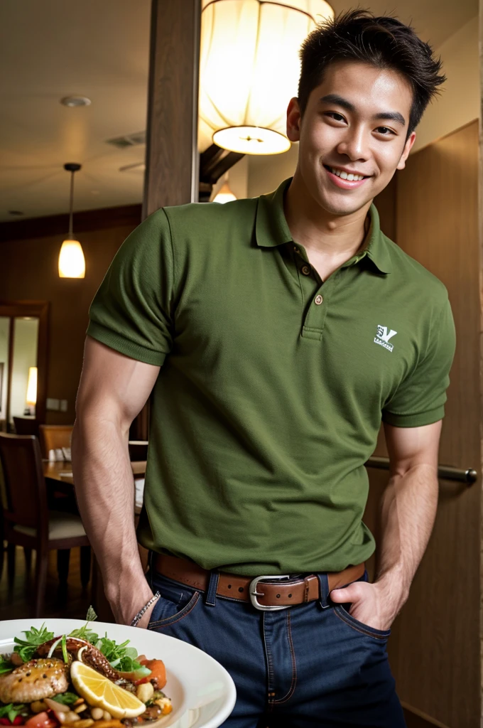 (best quality, 4K, 8k, high resolution, Masterpiece: 1.2), Special details, (realistically, As realistic as a photo, photo realistic: 1.37), Edge lighting, Extra detailed coloring, sharp focus, Physical rendering ,Extremely detailed description,professional,light color,Bokeh,Portrait,look at the viewer,
Young Asian man, 20 years old ,(wearing a brown polo shirt), smile ,dining room