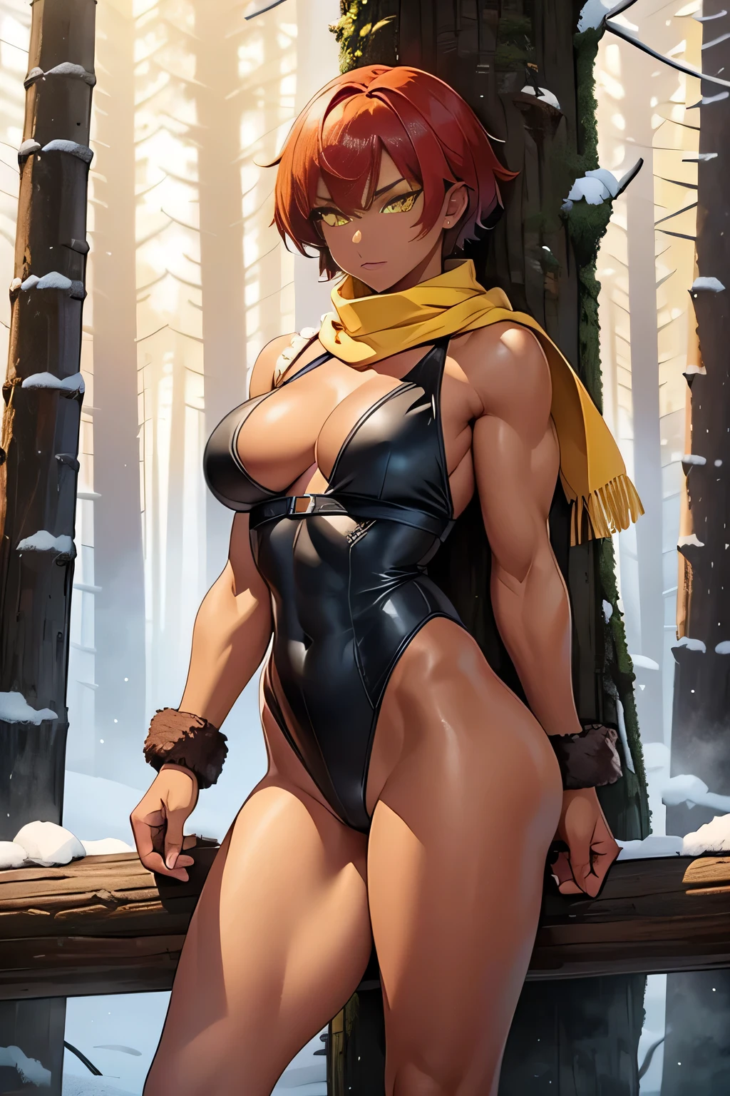 Best high quality, masterpiece quality, full body portrait, cowboy shot, human, 1woman, ((yellow  eyes)), dark skin, athletic, muscular, barbarian berserker, medium breasts, narrow hips, redhead, short hair, grey fur scarf, high leg leotard , winter forest background backdrop, underboob