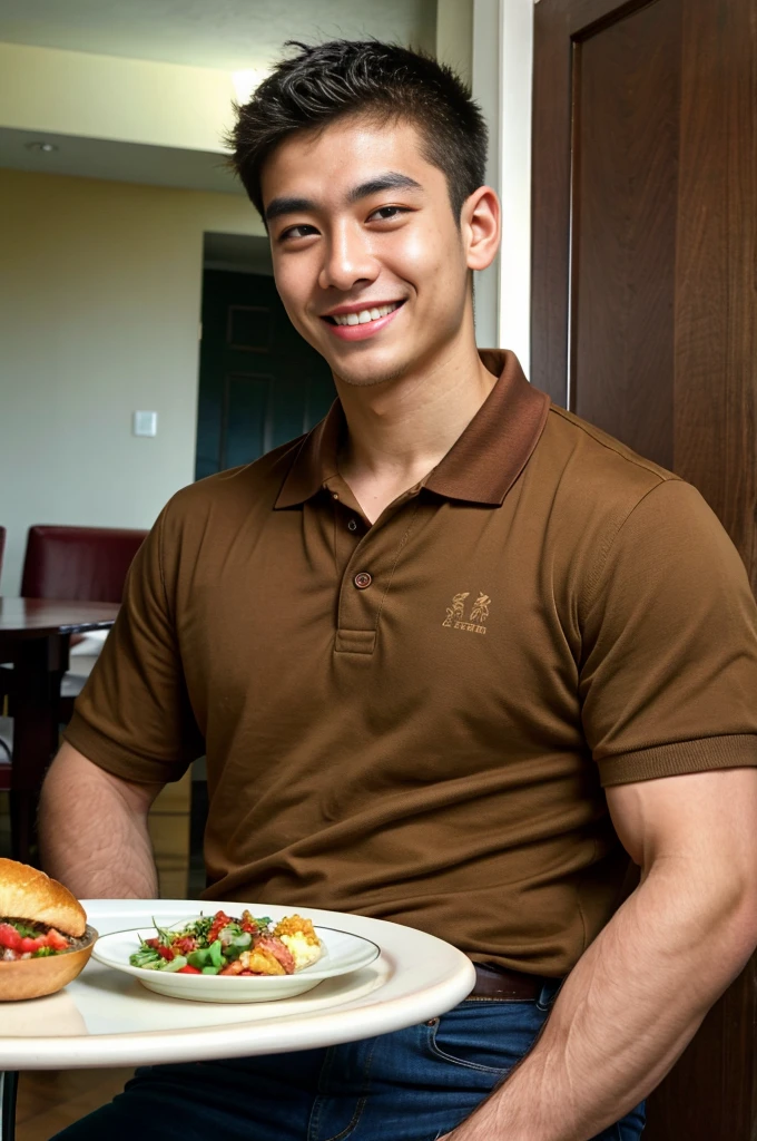 (best quality, 4K, 8k, high resolution, Masterpiece: 1.2), Special details, (realistically, As realistic as a photo, photo realistic: 1.37), Edge lighting, Extra detailed coloring, sharp focus, Physical rendering ,Extremely detailed description,professional,light color,Bokeh,Portrait,look at the viewer,
Young Asian man, 20 years old ,(wearing a brown polo shirt), smile ,dining room