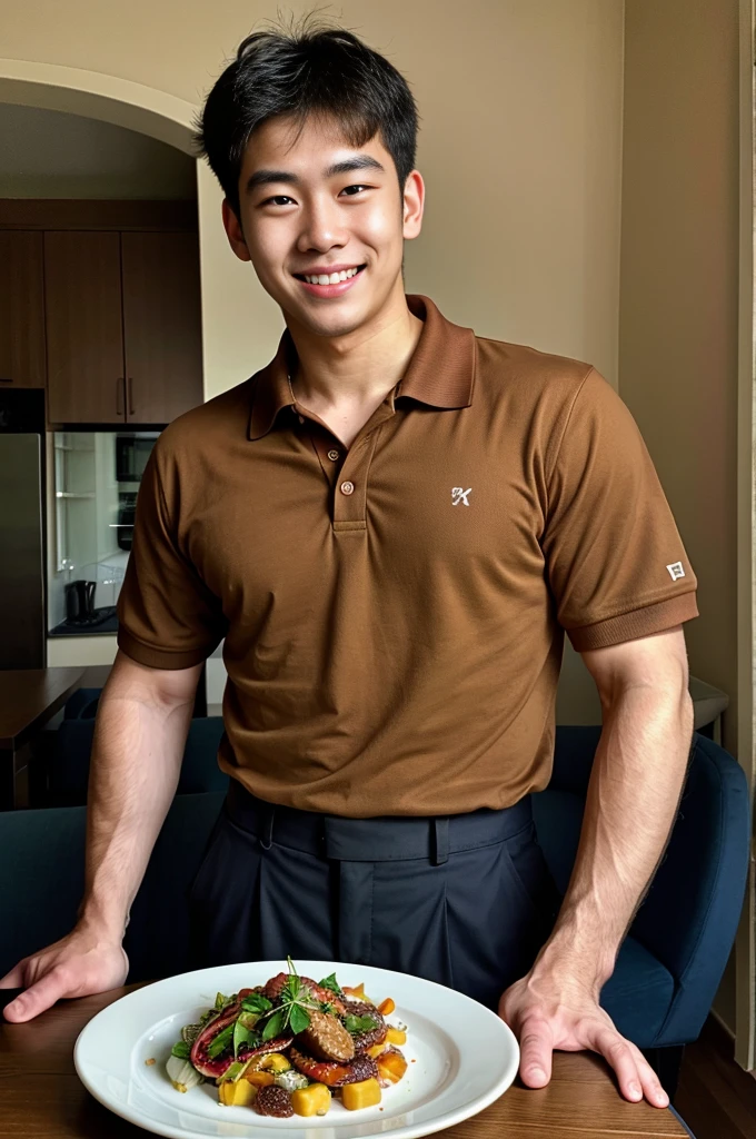 (best quality, 4K, 8k, high resolution, Masterpiece: 1.2), Special details, (realistically, As realistic as a photo, photo realistic: 1.37), Edge lighting, Extra detailed coloring, sharp focus, Physical rendering ,Extremely detailed description,professional,light color,Bokeh,Portrait,look at the viewer,
Young Asian man, 20 years old ,(wearing a brown polo shirt), smile ,dining room