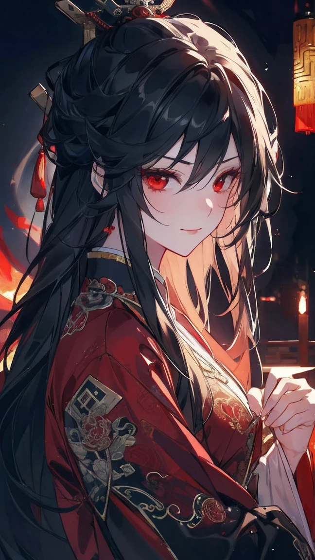 (extremely detailed 8K wallpaper),(ultra-detailed),(best quality),(masterpiece),(highly detailed),(cinematic lighting),(Original),Cold ligh，moody,(Chinese elaborate-style painting ),ink style, black hair, red eyes, sweet smile, sad face