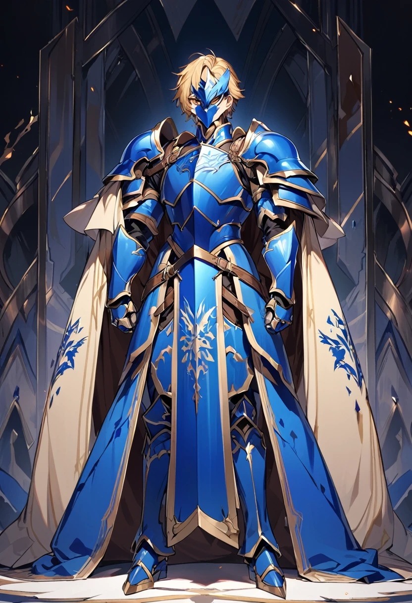 a male anime character is dressed in blue armor, 1boy, blue armor, male focus, reddish-brown eyes, blonde hair, shoulder armor, looking at viewer, breastplate, cape, pauldrons, closed mouth, hair between eyes, full body, full body shot, standing, white background, Create an illustration of a brave knight with an innocent face, characterized by fair skin, blonde hair, and reddish-brown eyes. The knight is wearing blue armor that covers his entire body, making him look both regal and powerful. He is carrying a large sword that is as tall as he is, emphasizing his strength and readiness for battle. but the focus should be on the knight's detailed armor