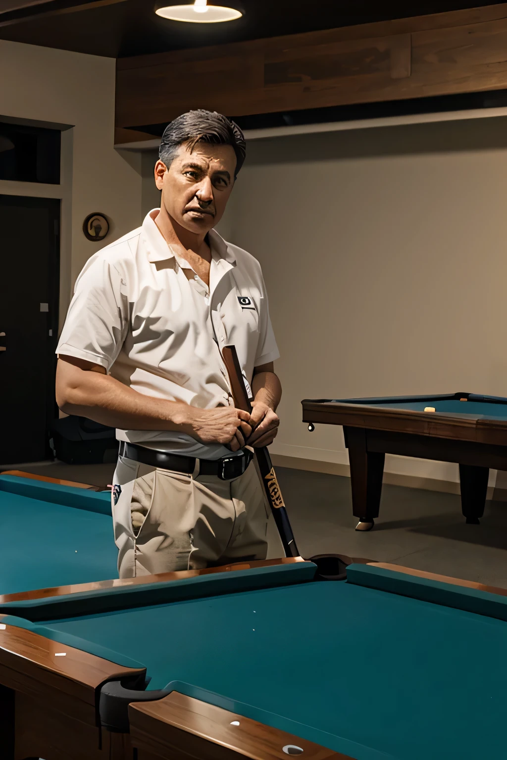 man standing next to a pool table , holding a pool cue