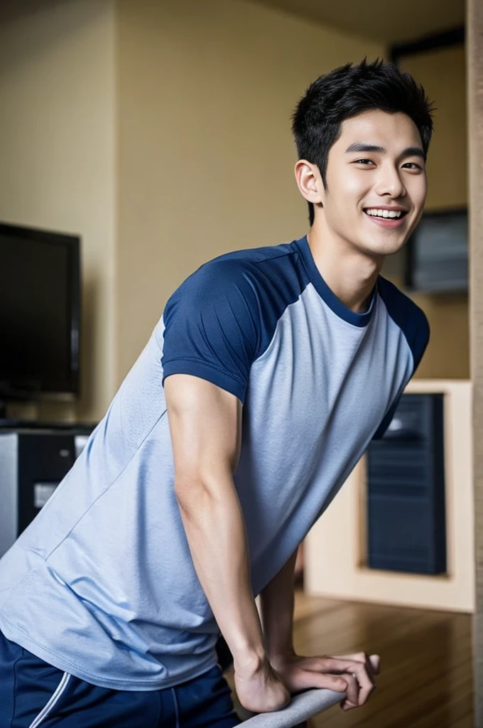 Korean man, Inspiration from Peng Yuyan, 23 years old, Korean muscular man ,The computer room is in the back, tight sports t-shirts, navy blue., open mouth smile