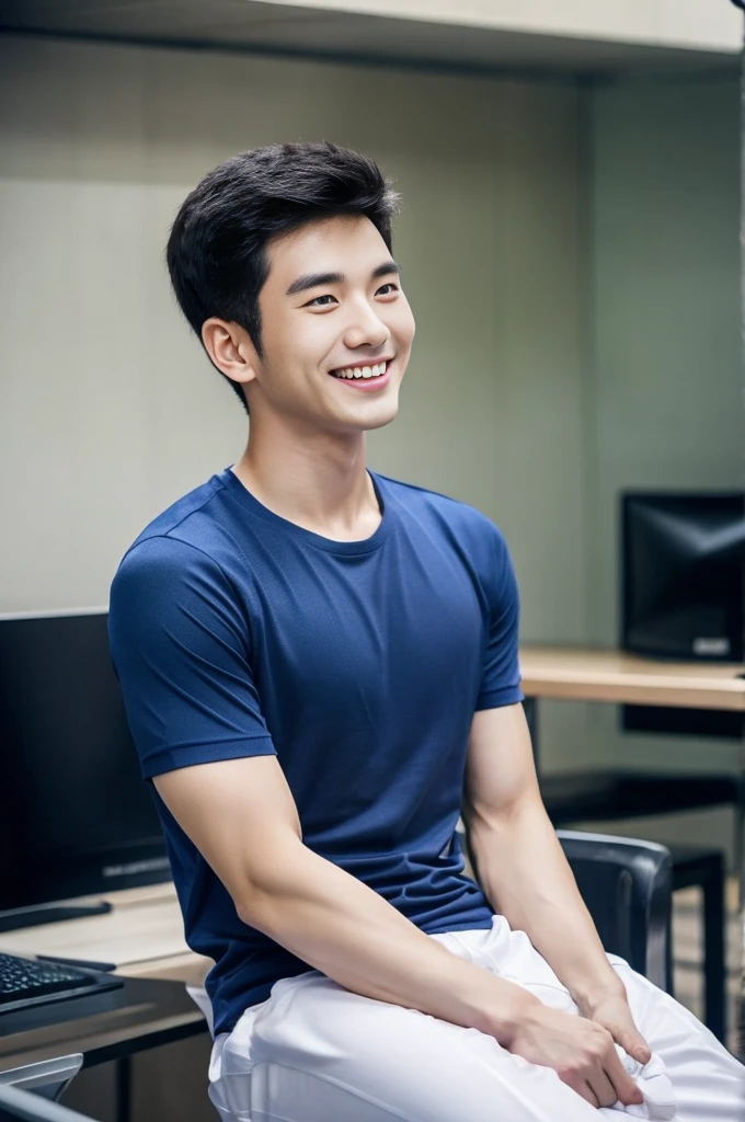 Korean man, Inspiration from Peng Yuyan, 23 years old, Korean muscular man ,The computer room is in the back, tight sports t-shirts, navy blue., open mouth smile