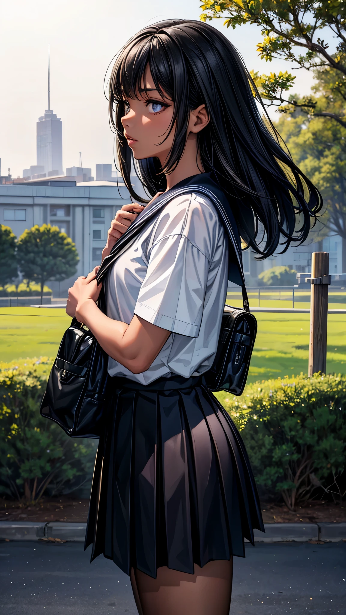 ((From side2.0)),((look away2.0)),((face close up)),beautiful detailed eyes, beautiful detailed lips, extremely detailed eyes and face, longeyelashes, 1 Japanese girl, outside the countryside,,((dark skin color)), (very short black hair),displeased,sailor suit, dark blue color, white shirts, short sleeve, school, dark blue skirt, black skirt, high socks, sneaker, school bag, walk the countryside,((looking down2.0)),spread legs,best quality, 4k, 8k, highres, masterpiece:1.2, ultra-detailed, realistic, photorealistic, photo-realistic:1.37, HDR, UHD, studio lighting, ultra-fine painting, sharp focus, physically-based rendering, extreme detail description, professional, vivid colors, bokeh, portraits