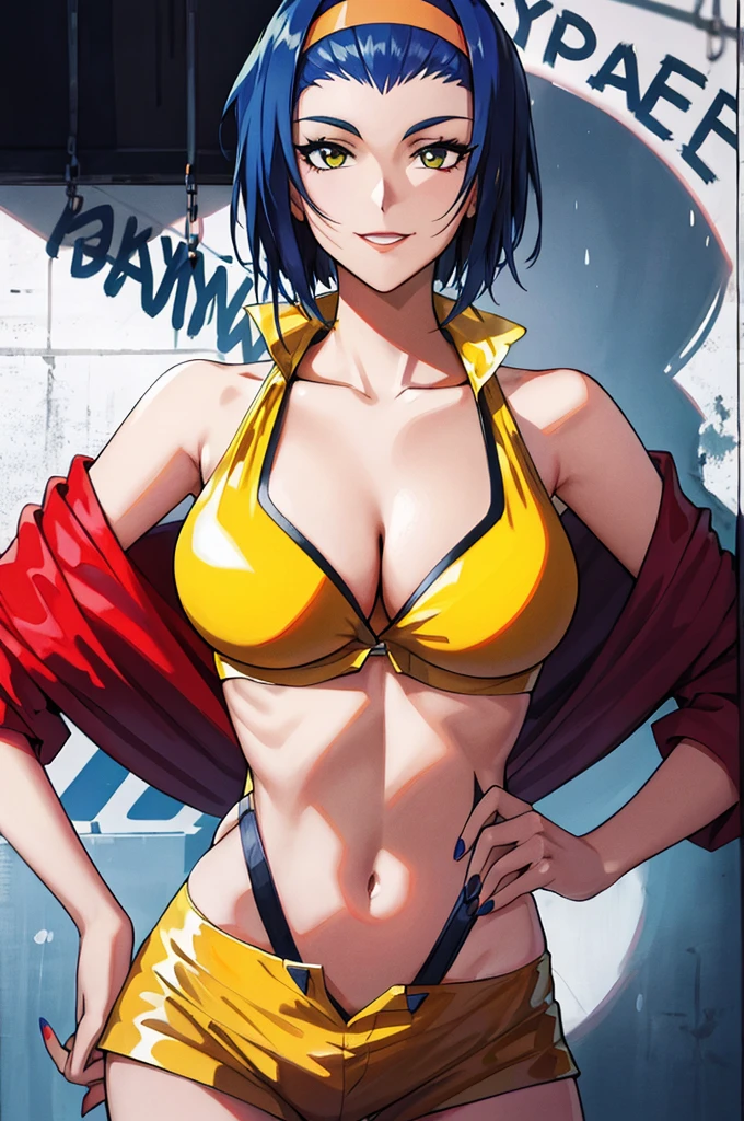 Faye Valentine, 1girl, blue hair, breasts, chain, cleavage, graffiti, hairband, hand on hip, hands on hips, headband, jacket, medium breasts, midriff, nail polish, navel, off shoulder, orange bikini, orange jacket, orange shorts, short hair, short shorts, shorts, outdoor,  beautiful background, smile, solo, traditional media, yellow bikini, yellow hairband, yellow shorts, high res, detailed, intricate, stunning artwork, photo quality,