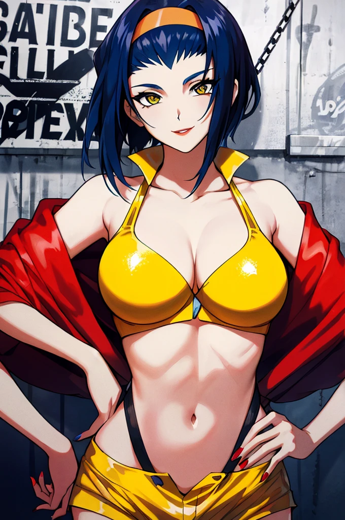 Faye Valentine, 1girl, blue hair, breasts, chain, cleavage, graffiti, hairband, hand on hip, hands on hips, headband, jacket, medium breasts, midriff, nail polish, navel, off shoulder, orange bikini, orange jacket, orange shorts, short hair, short shorts, shorts, outdoor,  beautiful background, smile, solo, traditional media, yellow bikini, yellow hairband, yellow shorts, high res, detailed, intricate, stunning artwork, photo quality,