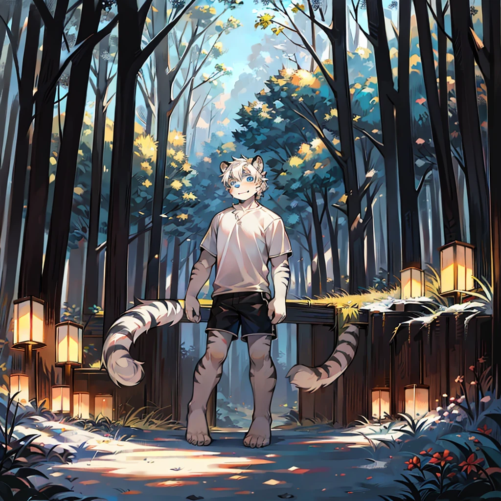 ager, Short white hair, ear, Lower Body, forest，Stand on the ground，hairy, White hair everywhere, White hair everywhere, White Tiger, Tiger Tail, masterpiece, High quality portrait, Humanoid,  youth style, posture, panoramic, White Tiger型, Green short sleeves, Black shorts, super Handsome face, Handsome, Tiger Youth, blue eyes, White Tiger, white ear,  barefoot