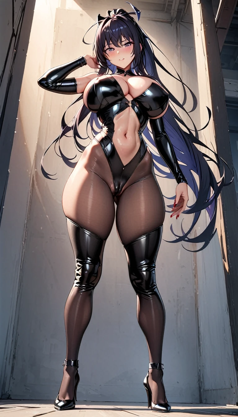 akeno,fullbody, perfect body, detailed face, detailed eyes,sexy,high res,high quality, masterpiece,cameltoe, black latex shining suit with pantyhose and black armstockings, large breasts, standing in sexy pose,black shining heels,open mouth, embarrassed ,blush,top quality,(best quality,4k,8k,highres,masterpiece:1.2),ultra-detailed,portrait, erotic, sensual, voluptuous, glowing skin, detailed facial features, alluring gaze, cinematic lighting, rich colors, dramatic shadows,red nails,look from below ,sexy,mockingly looking at viewer ,abs