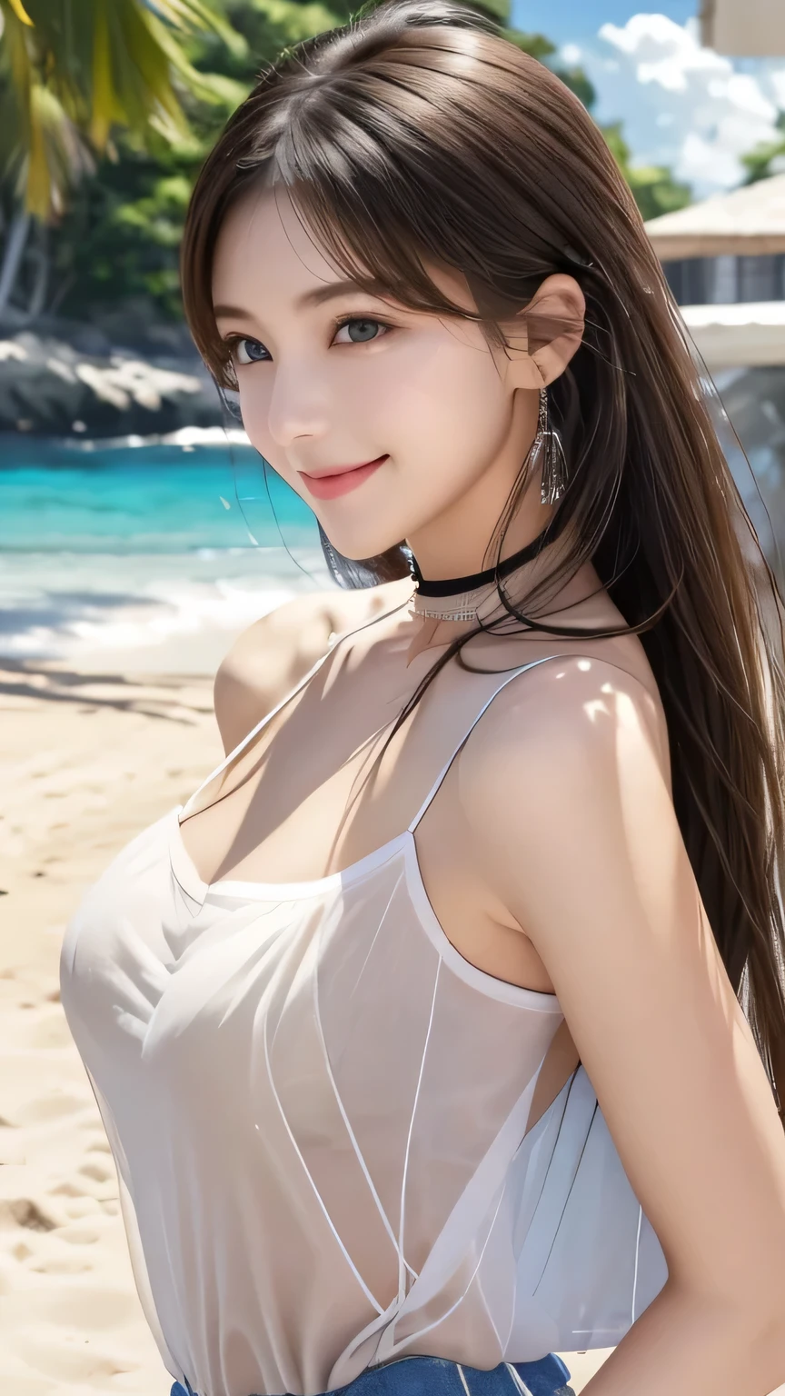 masterpiece、Highest quality、Ultra-high resolution、RAW Photos、Realistic、Bright lighting、Face Light、Smooth Professional Lighting、(whole body), (from side:1.2), (looking back:1.1)、one personの女の子、Perfect model body shape、Beautiful Eyes、Big eyes、Inconspicuous tear bags、(slim:1.2)、bangs、bionde、Red、bracelet、chest、choker、Clothing Surroundings、Waist、clavicle、Eyebrows visible through hair、Gradient Hair、smile、up、jewelry、kogal、Long Hair、Viewer Perspective、ear、Earrings,(Sheer camisole:1.4), (low-Waisted Shorts:1.2)、black eye、smile、one person、Beach、zero、Sandy Beach、figure、fashionable、woman、Vibrant, (smile)、stop temporarily、Front、colorful、dynamic、background、element、have confidence、performance、Keep、statement、accessorieajestic、Coil、Surroundings、Touch、scene、Bold、to attract attention、title、stylish、Impression、modern、trend、concentrated、fashion、