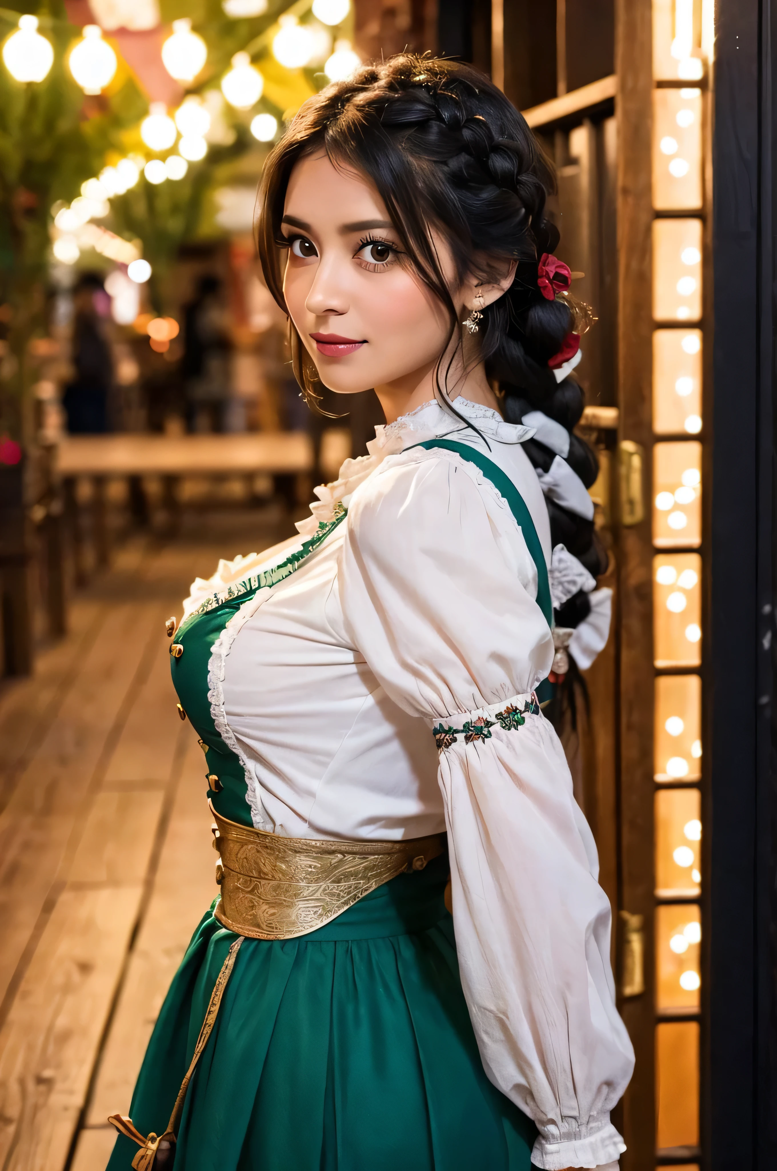 A stunning Oktoberfest maiden, donning a traditional Dirndl, her raven locks gathered into beautiful braids that cascade down her back, stands confidently in front of the rustic wooden background of a festive beer garden. The warm glow of lanterns and string lights reflects off her proportional features, highlighting the joy and warmth in her piercing eyes, adorned with intricate eyelashes. She poses head and shoulders forward, inviting us to join in the merriment. A modern Latin woman stands at a floor-to-ceiling window, her anxious expression reflected in the glass as she gazes out into the night.