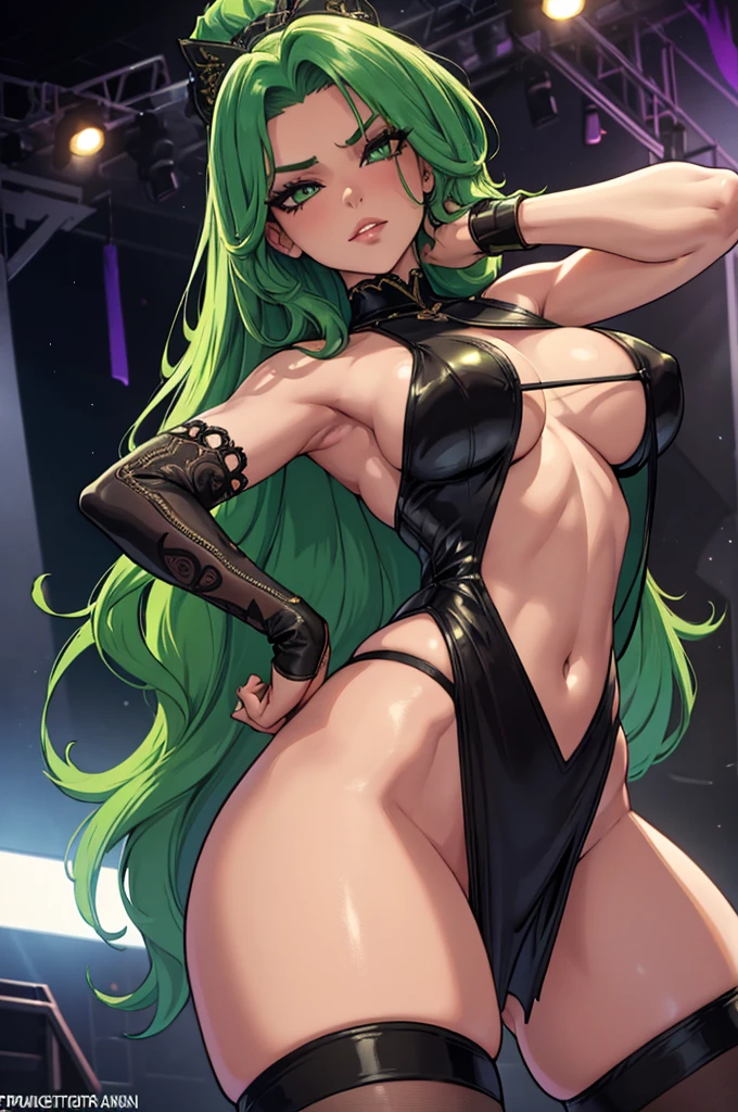 shot from behind, attractive and alluring female dancer is peforming in stage, shoulder-length green hair, wearing dark dress with a split in the center going down to her stomach and her navel and dark tights that reach halfway up her thighs, night club, slim, fit, sexy thighs, (insanely detailed, beautiful detailed face, masterpiece, best quality)