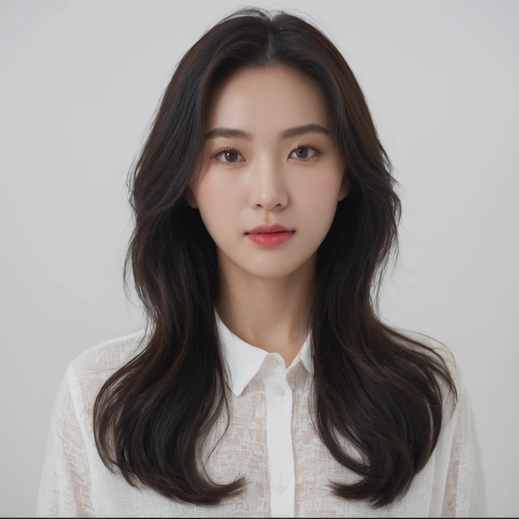 Best Quality, 8k, Masterpiece, (Portrait: 1.3), (photo realistic:1.4), (hyper realistic:1.4), Sharp Focus, looking at viewer, (smoother lighting:1.1), (increase cinematic lighting quality:0.9), realistic lighting, backlighting, light on face, ray trace, (brightening light:1.2), (Increase quality:1.4), sharp detail, (best quality real texture skin:1.4), finely detailed eyes, black_eyes, finely detailed face, 25 year old Korean woman, (white formal_shirt:1.4), (Create an image maintaining the orig...