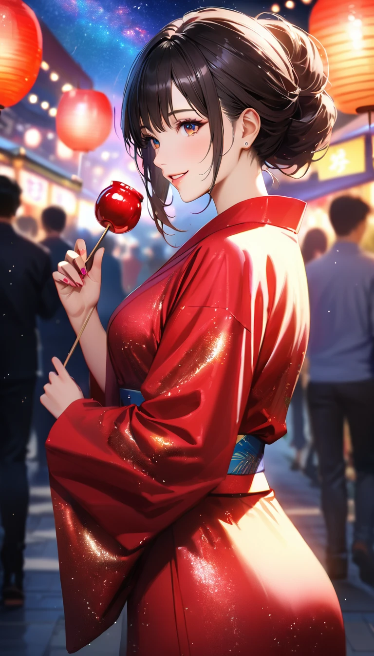 Summer Festival,night, Starry Sky,yukata, Candy apples,Gazing at the sky,Blur the background,high school girl,smile,Glitter effect,Highest quality, 8k, High resolution, masterpiece:1.2, Very detailed, Realistic:1.37, High resolution, 超High resolution, Ultra-fine painting, Very detailed, Professional, Vibrant colors