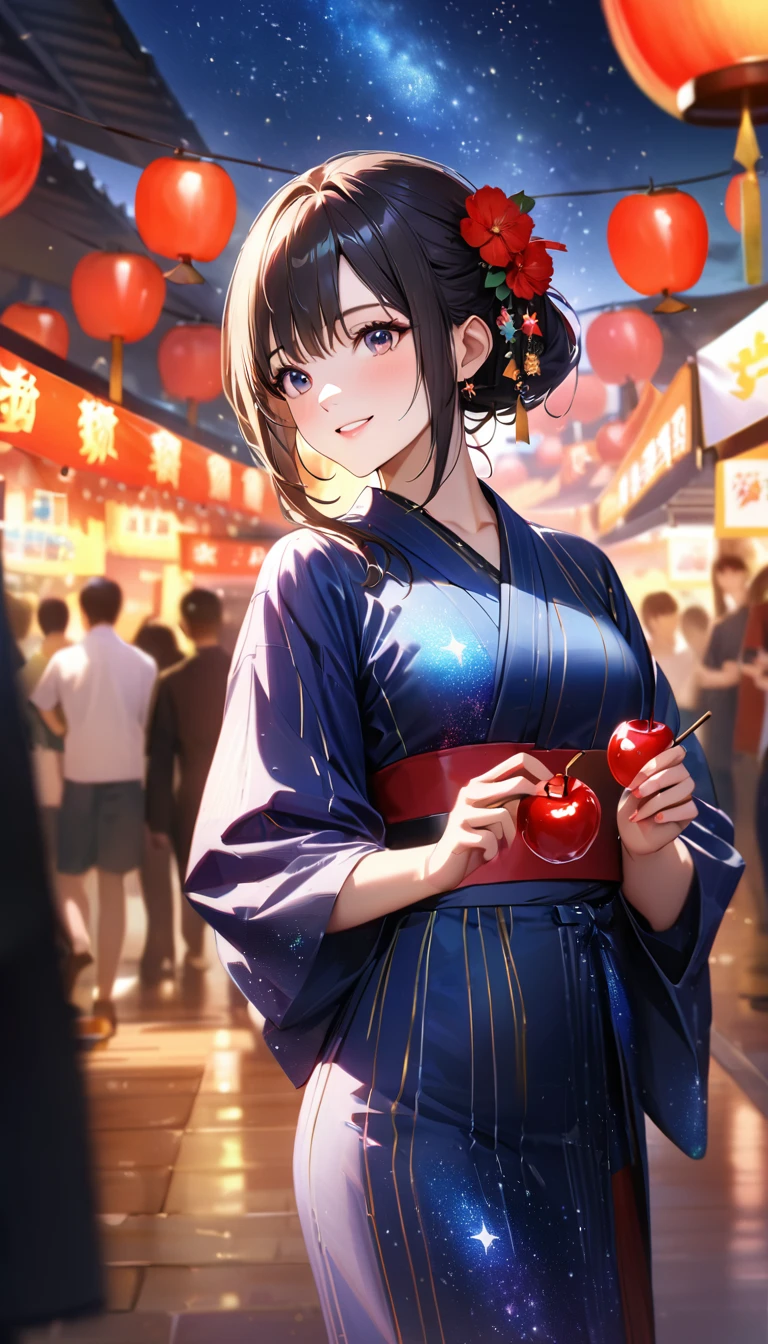 Summer Festival,night, Starry Sky,yukata, Candy apples,Gazing at the sky,Blur the background,high school girl,smile,Glitter effect,Highest quality, 8k, High resolution, masterpiece:1.2, Very detailed, Realistic:1.37, High resolution, 超High resolution, Ultra-fine painting, Very detailed, Professional, Vibrant colors