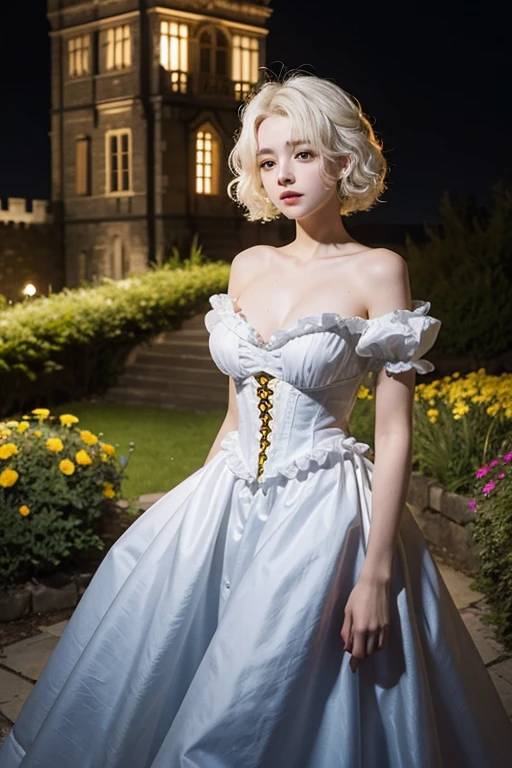 15 year old girl, Lovely, White hair, very curly short, slim, flat bust, redhead, with punches on the face, yellow victorian dress, whole body, in the castle garden, at night,