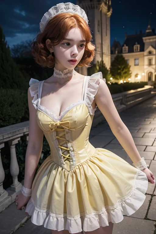 15 year old girl, Lovely, White hair, very curly short, slim, flat bust, redhead, with punches on the face, yellow victorian dress, whole body, in the castle garden, at night,