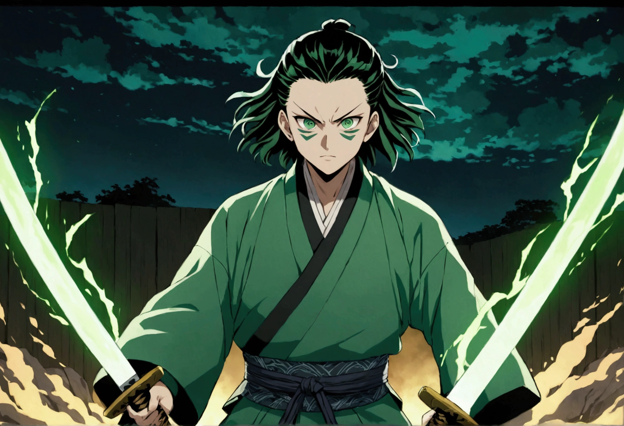 One guy, Kimetsu no Yaiba, katana, toxic breathing style, green clothes, green eyes, sword slash, green sword aura, night backround, fixed arms, detailed arms and katana, human version, toxic aura swing, clip, anime scene, walking, movement capture, mascular body, fighting scene