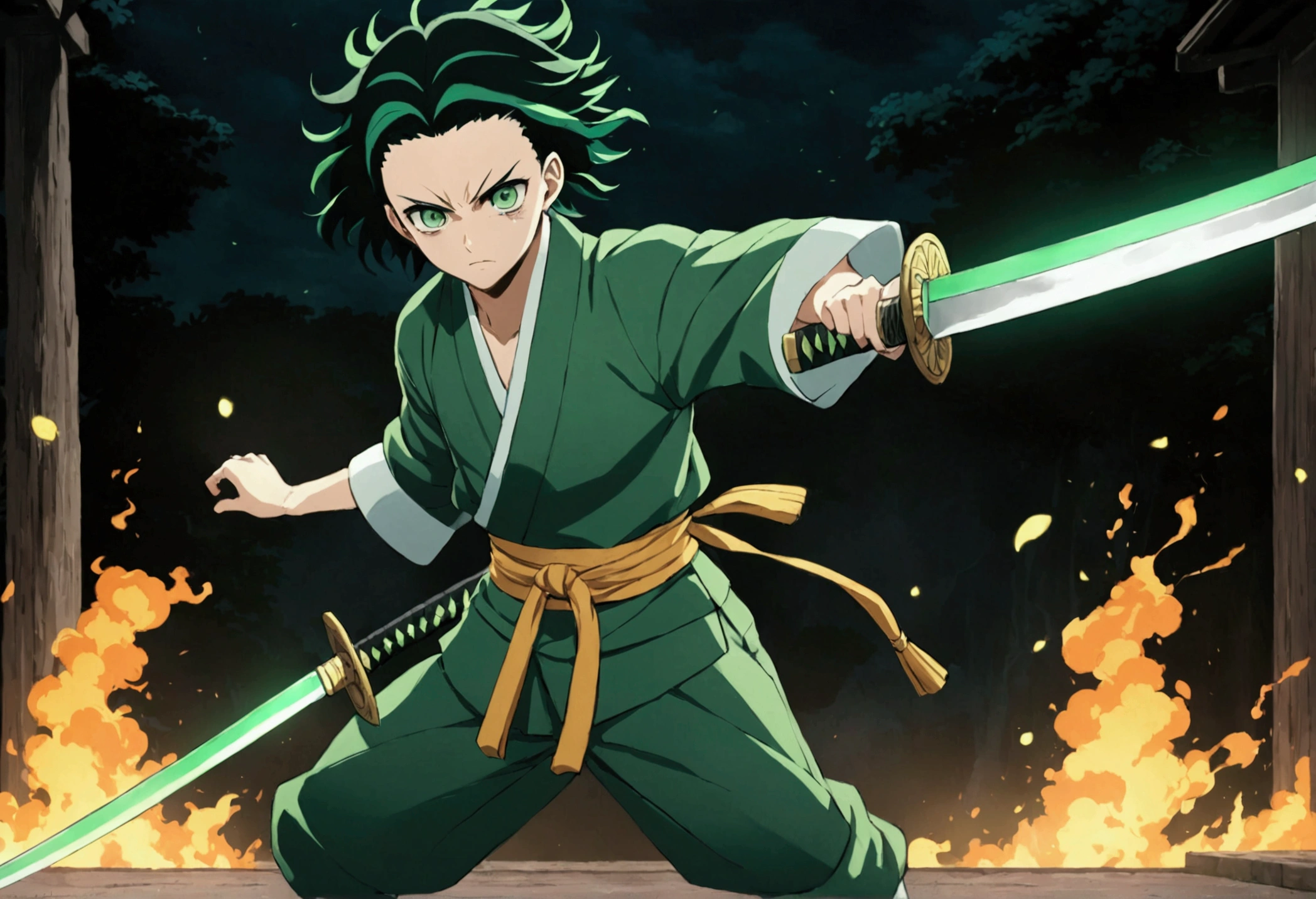One guy, Kimetsu no Yaiba, katana, toxic breathing style, green clothes, green eyes, sword slash, green sword aura, night backround, fixed arms, detailed arms and katana, human version, toxic aura swing, clip, anime scene, walking, movement capture, mascular body, fighting scene