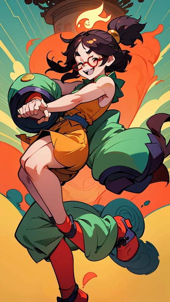

**Concept Description:**

The wallpaper should depict a joyful scene where the Jiangshi girl, with her characteristic large chest and simple-minded expression, is jumping to hug the muscular nerd with glasses. The nerd should have a surprised but happy expression, reflecting the bond and adventures they have shared. The background could include elements from the story such as a quaint village or a mysterious forest to give a sense of their journey.

**Character Details:**

1. **Jiangshi Girl (Xiao Li):**
   - Appearance: Long, flowing hair, large chest, wearing traditional Chinese attire.
   - Expression: Radiant and carefree smile, capturing her joyful and innocent nature.
   - Pose: Mid-air, arms wrapped around the nerd's neck, legs bent as if in a jump.

2. **Muscular Nerd (Yang Chen):**
   - Appearance: Muscular build, wearing glasses, casual but slightly nerdy clothing.
   - Expression: Happy surprise, showing warmth and affection towards the Jiangshi girl.
   - Pose: Standing firmly, arms slightly outstretched to catch and support Xiao Li.

**Background:**
   - A blend of natural and mystical elements, such as trees and ancient Chinese architecture, to set the adventurous and fantastical tone of their story.
