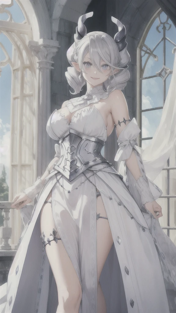 Beautiful arts wallpaper moonlight Outside castle top High level image quality best image quality 8K adult woman silver castle hall more colors whole body view portrait wearing pure white Goddess dress horn ears short hair((shortcut)(gray hair)(perm)(fluffy)) eye color is blue , evil face , face detailed , face fixed , smile , labrynth , barefoot , teasing with her breast, , standing , looking at the windows , stovie , crystal chandaglier , white curtains