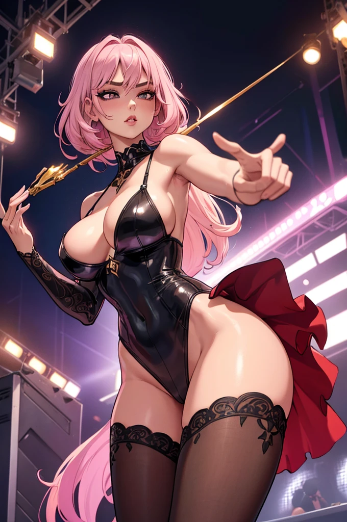 shot from behind, attractive and alluring female erotic dancer is peforming in stage, shoulder-length light pink hair, wearing dark dress and dark tights that reach halfway up her thighs, dark make up, night club, slim, fit, sexy thighs, (insanely detailed, beautiful detailed face, masterpiece, best quality)