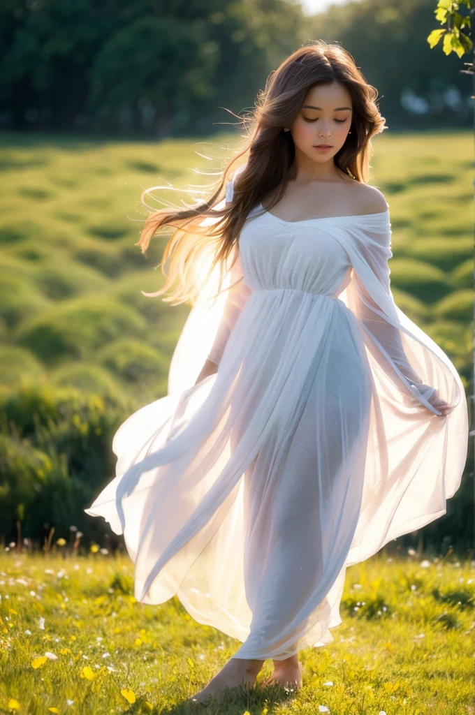 Wistful whispers swirl around a dreamy figure, lost in the haze of a sun-kissed meadow. Soft focus blends her delicate features with the ethereal atmosphere, as petals dance around her feet like confetti. Impressionistic brushstrokes capture the warmth of golden light on her wispy hair and translucent robes, which billow behind her like wisps of cloud. The composition's gentle curves evoke a sense of wistful longing, as if she's about to vanish into the soft focus haze.