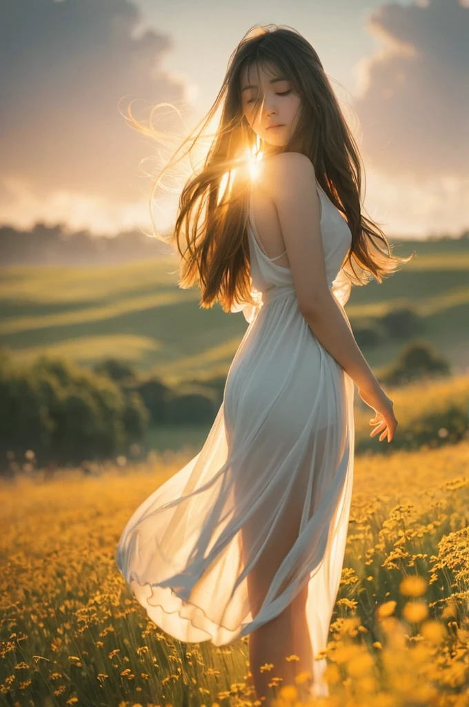 Wistful whispers swirl around a dreamy figure, lost in the haze of a sun-kissed meadow. Soft focus blends her delicate features with the ethereal atmosphere, as petals dance around her feet like confetti. Impressionistic brushstrokes capture the warmth of golden light on her wispy hair and translucent robes, which billow behind her like wisps of cloud. The composition's gentle curves evoke a sense of wistful longing, as if she's about to vanish into the soft focus haze.
