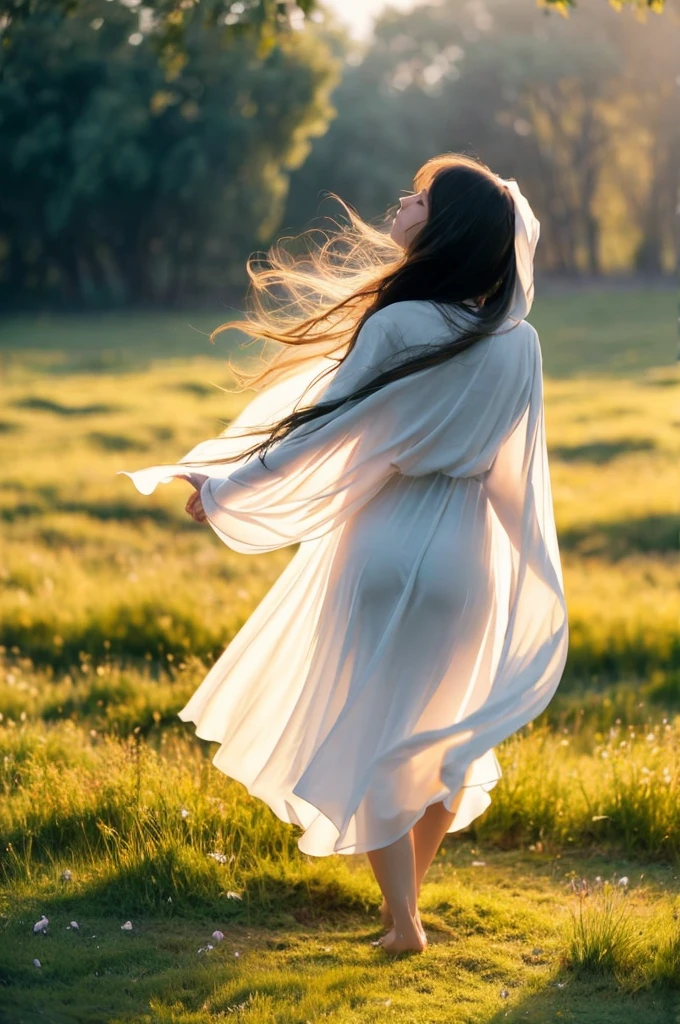 Wistful whispers swirl around a dreamy figure, lost in the haze of a sun-kissed meadow. Soft focus blends her delicate features with the ethereal atmosphere, as petals dance around her feet like confetti. Impressionistic brushstrokes capture the warmth of golden light on her wispy hair and translucent robes, which billow behind her like wisps of cloud. The composition's gentle curves evoke a sense of wistful longing, as if she's about to vanish into the soft focus haze.