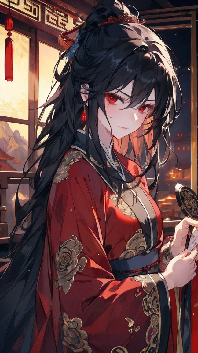 (extremely detailed 8K wallpaper),(ultra-detailed),(best quality),(masterpiece),(highly detailed),(cinematic lighting),(Original),Cold ligh,moody,(Chinese elaborate-style painting ),ink style, black hair, red eyes, sweet smile, sad face, holding her son