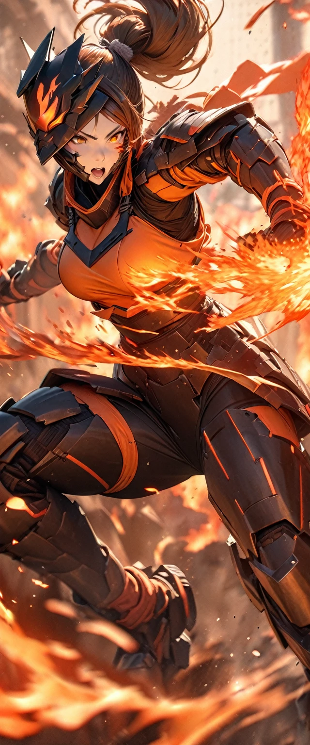 (masterpiece),(Highest quality),(High resolution),(Very detailed),8k,wallpaper,(Armored Core Style),Woman in ninja robot armor,ponytail,(Fire Ninja),(Orange body),(Detailed face),(Detailed body),(The background is a raging fire),(Use fire ninjutsu:1.5),(action shot),(Dynamic ninja movements)