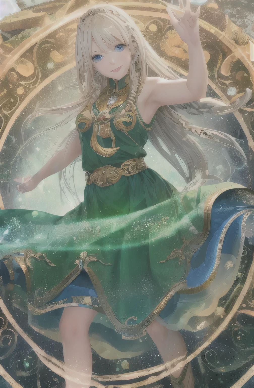 Highest quality, masterpiece, Upper Body,
(Adult:1.6) Ukrainian woman, (Grin:0.4), 
Braided blonde hair,
Emerald Eyes,
Medieval sundress,
 Floating light particles, Centered, 