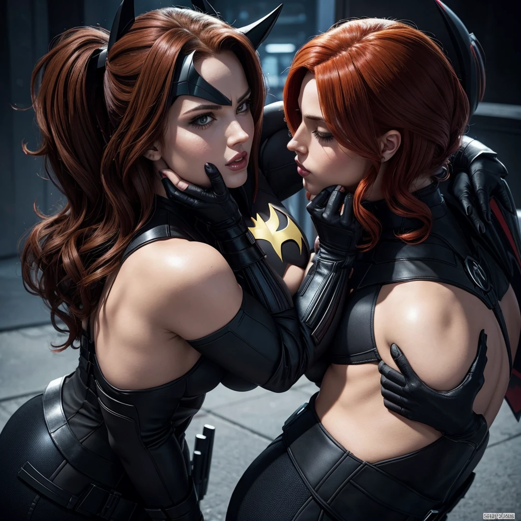 Black Widow kissing batgirl on the lips while holding her butt