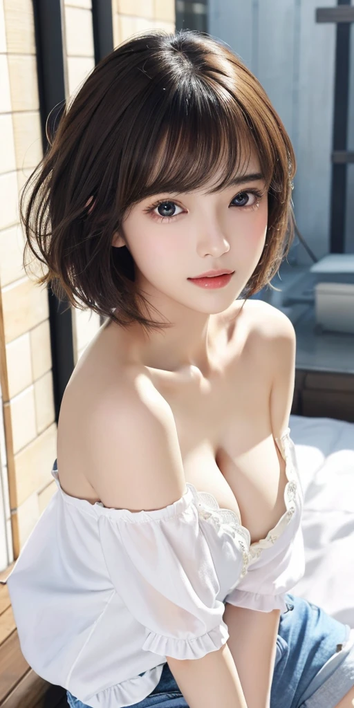 Photorealistic、（whole body）、Highest quality、High resolution、RAW Photos、Realistic、Face Light、Smooth Professional Lighting、alone、Japanese women、Adult female、Beautiful woman、Modeled、gravure、sexy、（Very cute face）、so beautiful、Realistic skin、Realistic face、Beautiful Eyes、Big eyes、Brown eyes、（double eyelid）、Inconspicuous tear bags、slim、（Cleavage）、medium、short hair、Brunette Hair、looking at the camera、Off the shoulder、camisole、Shorts、（Beautiful legs）